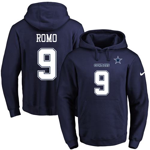 Nike Cowboys #9 Tony Romo Navy Blue Name & Number Pullover NFL Hoodie - Click Image to Close